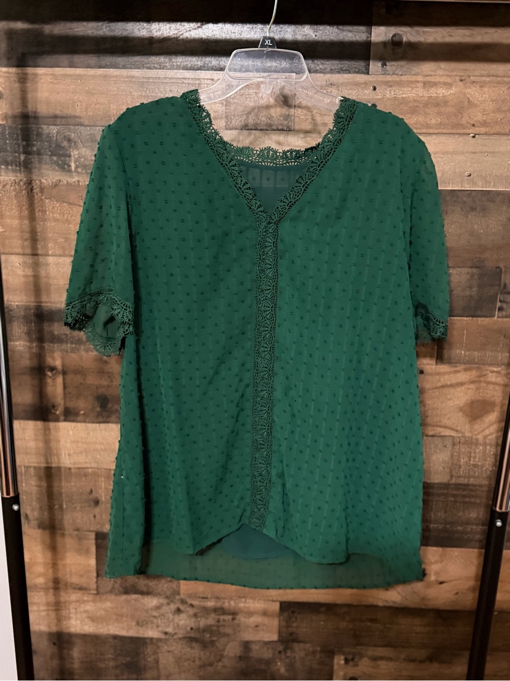 Textured Green Short Sleeve Blouse with Lace Trim